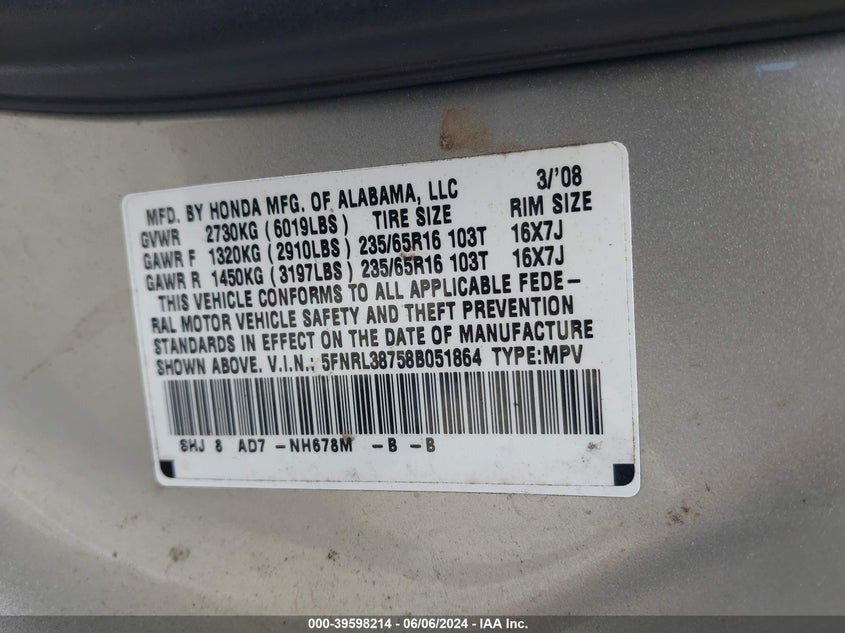 2008 Honda Odyssey Ex-L VIN: 5FNRL38758B051864 Lot: 39598214