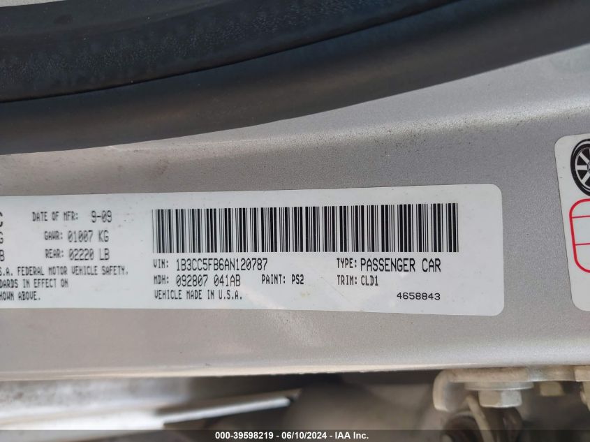 2010 Dodge Avenger R/T VIN: 1B3CC5FB6AN120787 Lot: 39598219