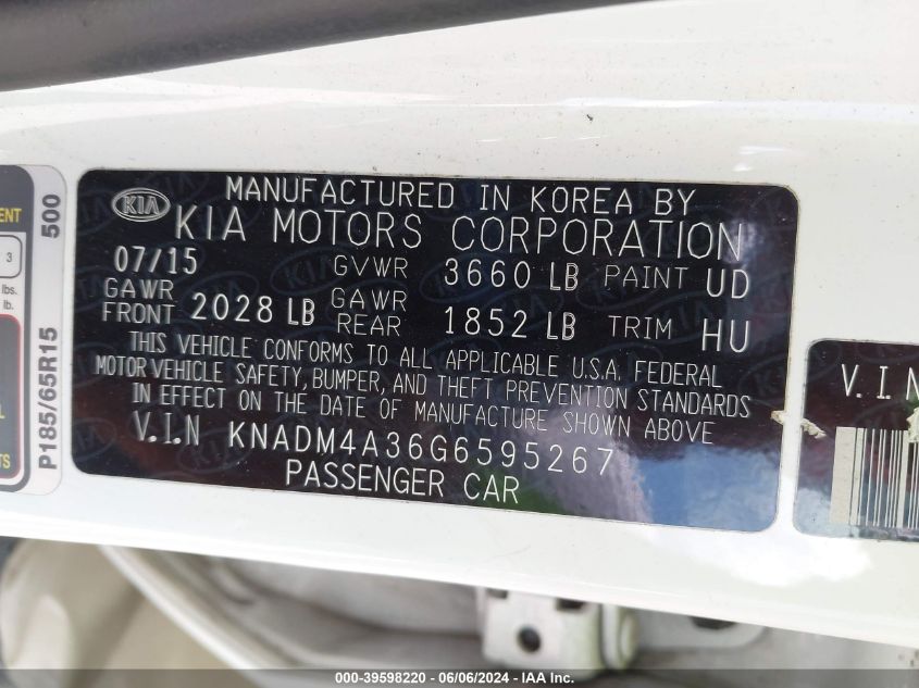 2016 Kia Rio Lx VIN: KNADM4A36G6595267 Lot: 39598220