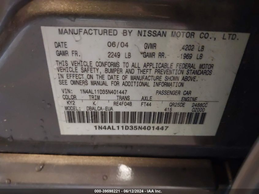 2005 Nissan Altima 2.5 S VIN: 1N4AL11D35N401447 Lot: 39598221