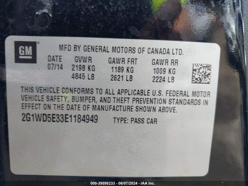 2014 Chevrolet Impala Limited Police VIN: 2G1WD5E33E1184949 Lot: 39598233