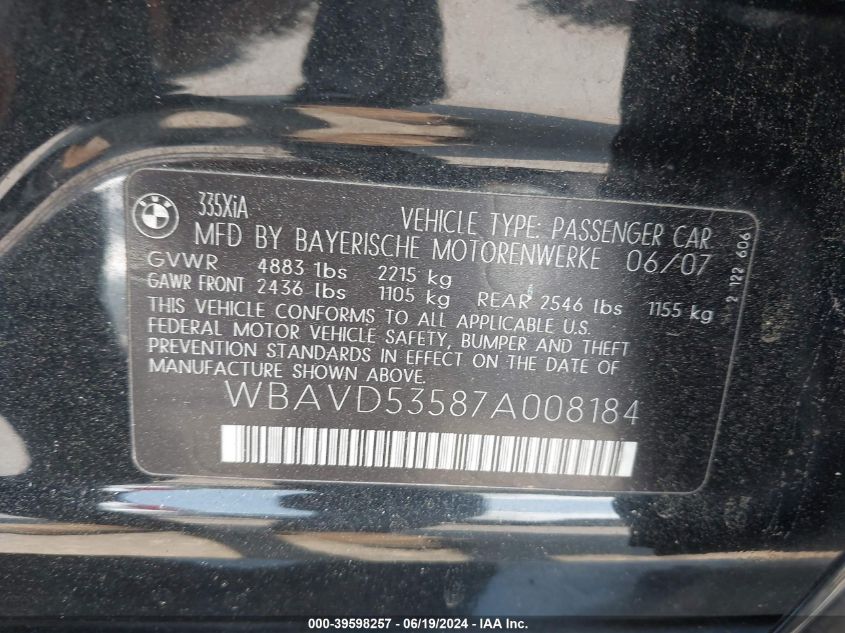 2007 BMW 335Xi VIN: WBAVD53587A008184 Lot: 39598257