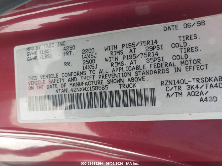 1998 Toyota Tacoma VIN: 4TANL42NXWZ158665 Lot: 39598264