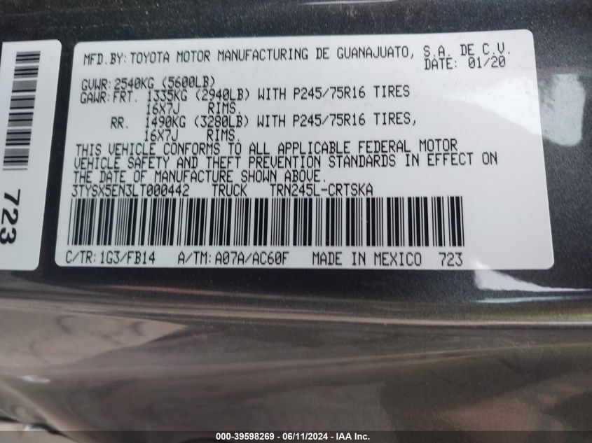 2020 Toyota Tacoma Sr VIN: 3TYSX5EN3LT000442 Lot: 39598269