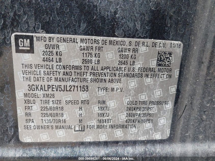 2018 GMC Terrain Slt VIN: 3GKALPEV5JL271153 Lot: 39598281