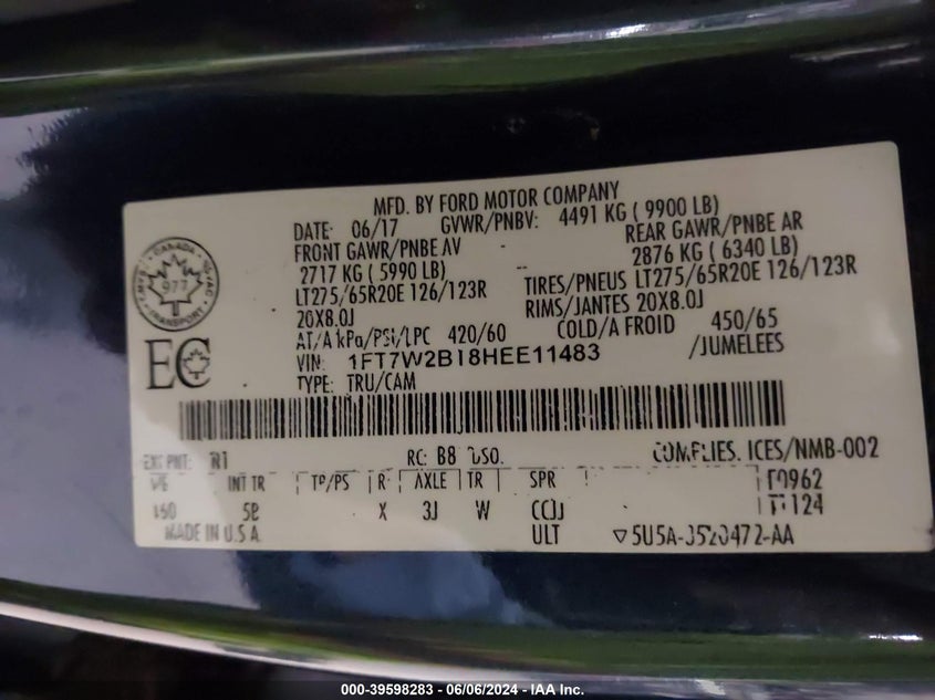 2017 Ford F-250 Lariat VIN: 1FT7W2BT8HEE11483 Lot: 39598283