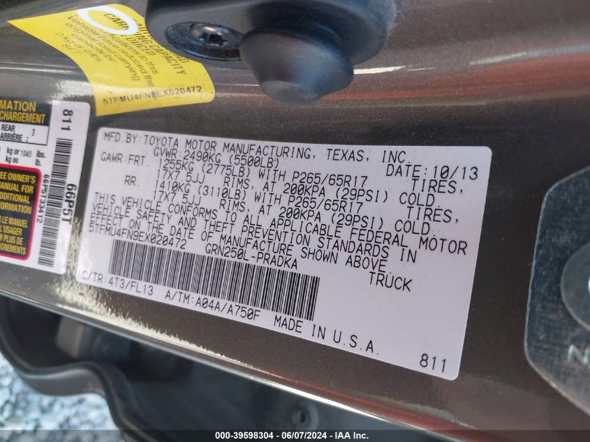 2014 Toyota Tacoma Base V6 VIN: 5TFMU4FN9EX020472 Lot: 39598304