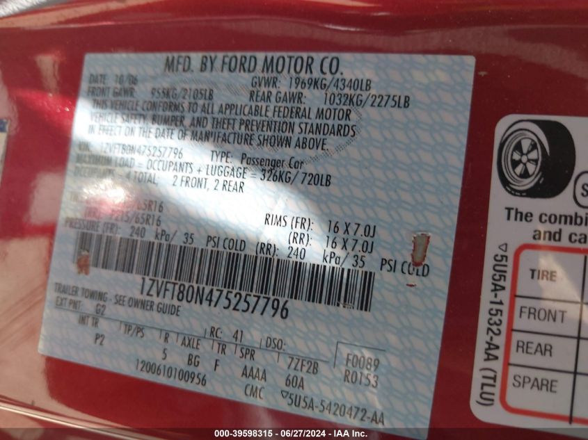 2007 Ford Mustang V6 Deluxe/V6 Premium VIN: 1ZVFT80N475257796 Lot: 39598315