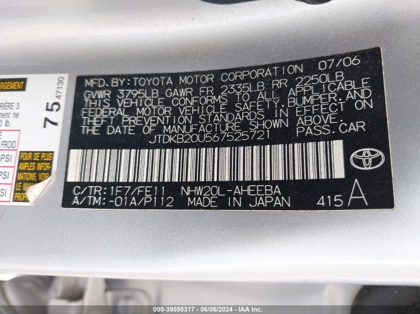 2006 Toyota Prius VIN: JTDKB20U567525721 Lot: 39598317