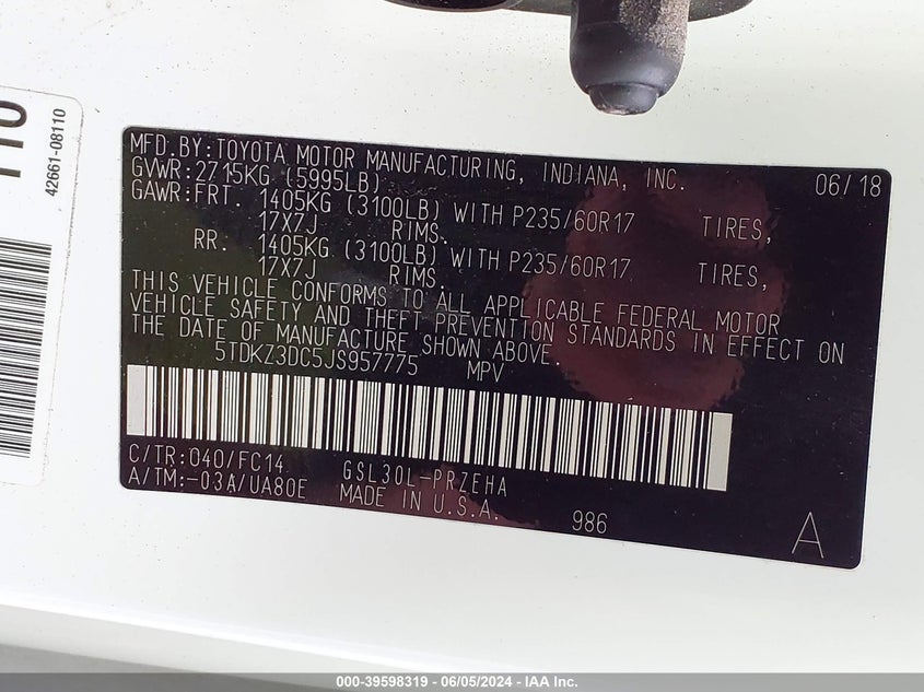 2018 Toyota Sienna Le 8 Passenger VIN: 5TDKZ3DC5JS957775 Lot: 39598319