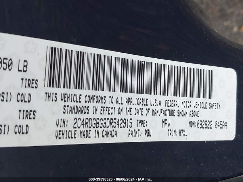 2013 Dodge Grand Caravan Se VIN: 2C4RDGBG3DR542915 Lot: 39598323