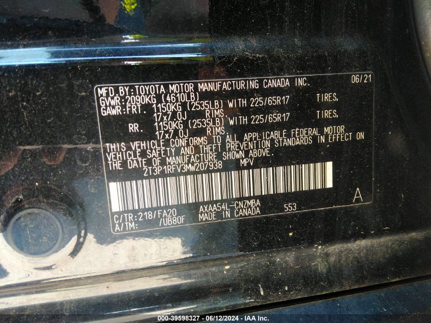 2021 Toyota Rav4 Xle VIN: 2T3P1RFV3MW207938 Lot: 39598327