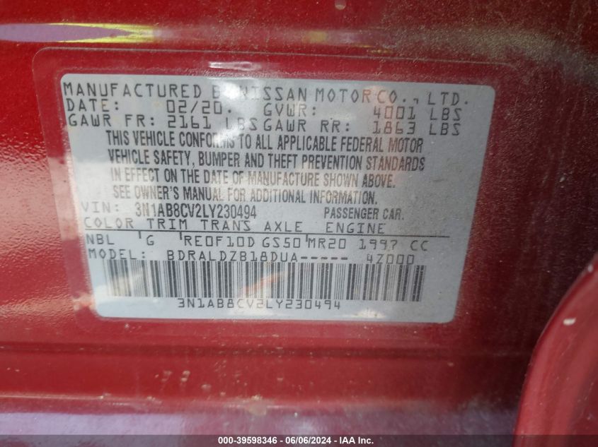 2020 Nissan Sentra Sv Xtronic Cvt VIN: 3N1AB8CV2LY230494 Lot: 39598346