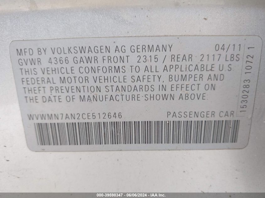 2012 Volkswagen Cc Sport VIN: WVWMN7AN2CE512646 Lot: 39598347
