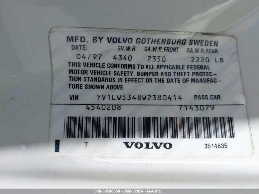 1998 Volvo V70 T5 VIN: YV1LW5348W2380414 Lot: 39598350