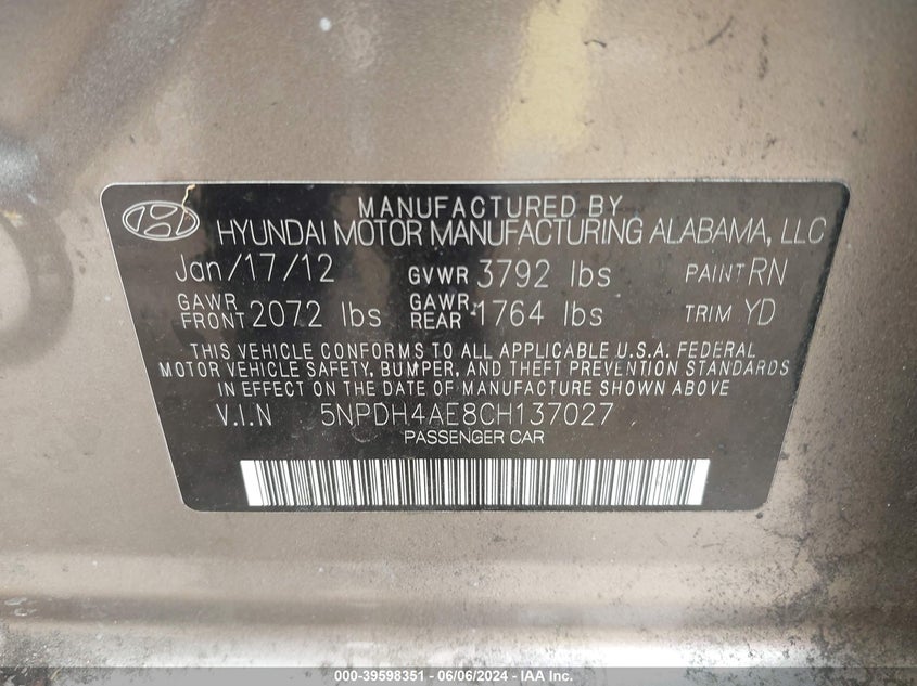 2012 Hyundai Elantra Gls VIN: 5NPDH4AE8CH137027 Lot: 39598351