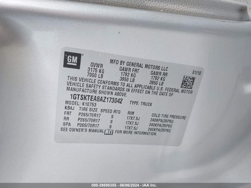 2010 GMC Sierra 1500 Work Truck VIN: 1GTSKTEA8AZ173042 Lot: 39598355