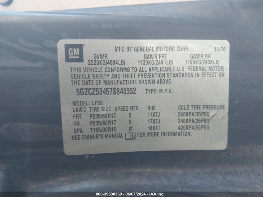 2007 Saturn Vue V6 VIN: 5GZCZ53457S840352 Lot: 39598360