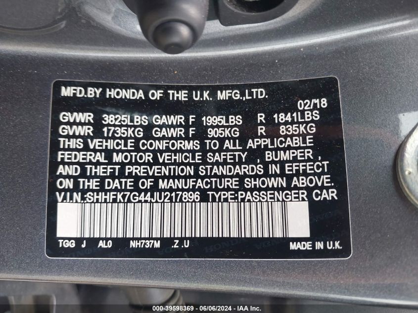 2018 Honda Civic Sport VIN: SHHFK7G44JU217896 Lot: 39598369