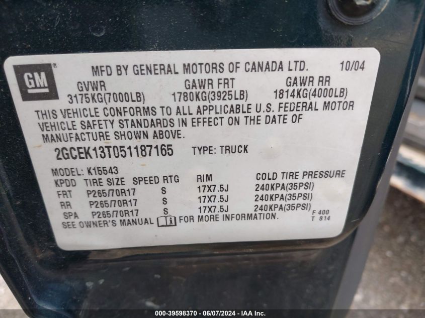 2005 Chevrolet Silverado 1500 Z71 VIN: 2GCEK13T051187165 Lot: 39598370