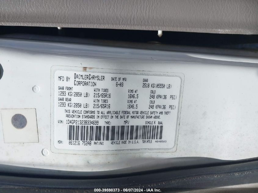 2003 Dodge Caravan Cv VIN: 1D4GP21323B334699 Lot: 39598373