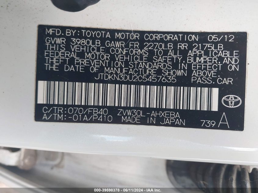 2012 Toyota Prius Two VIN: JTDKN3DU2C5457635 Lot: 39598378