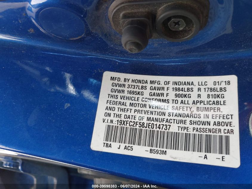 2018 Honda Civic Lx VIN: 19XFC2F58JE014737 Lot: 39598383