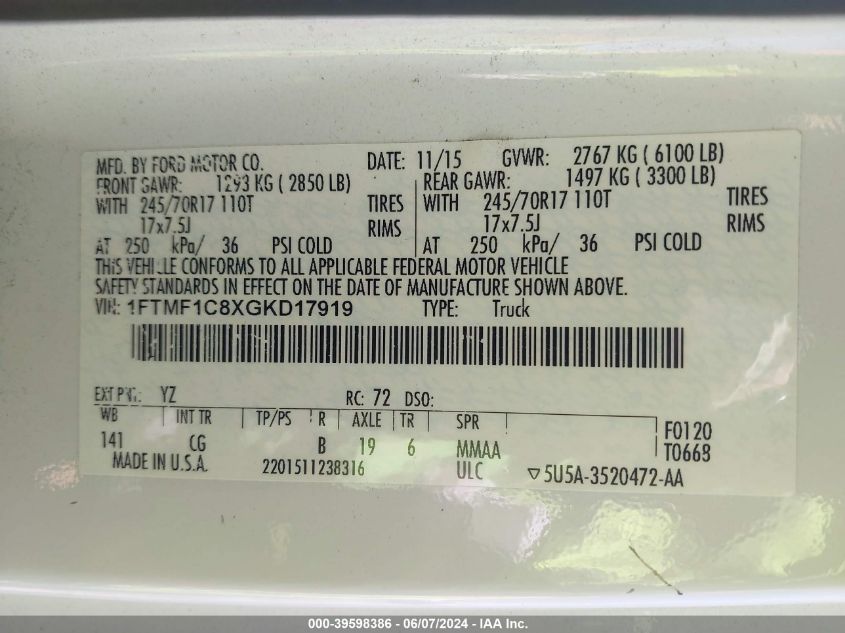 2016 Ford F-150 Xl VIN: 1FTMF1C8XGKD17919 Lot: 39598386