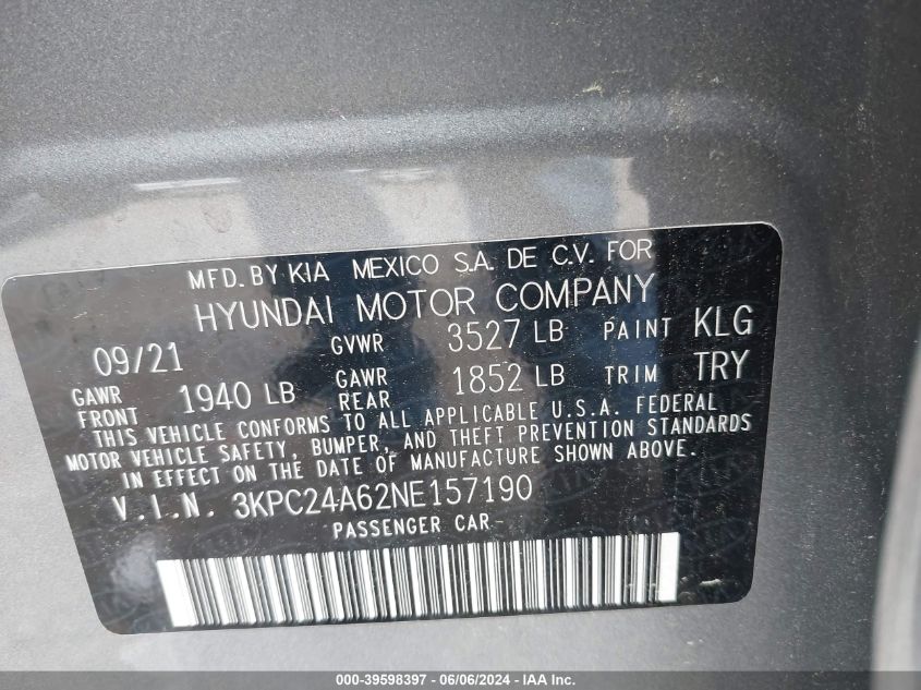 2022 Hyundai Accent Se VIN: 3KPC24A62NE157190 Lot: 39598397