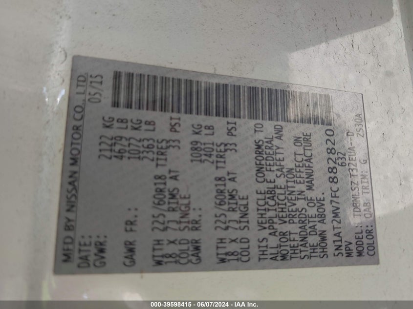 2015 Nissan Rogue Sl VIN: 5N1AT2MV7FC882820 Lot: 39598415