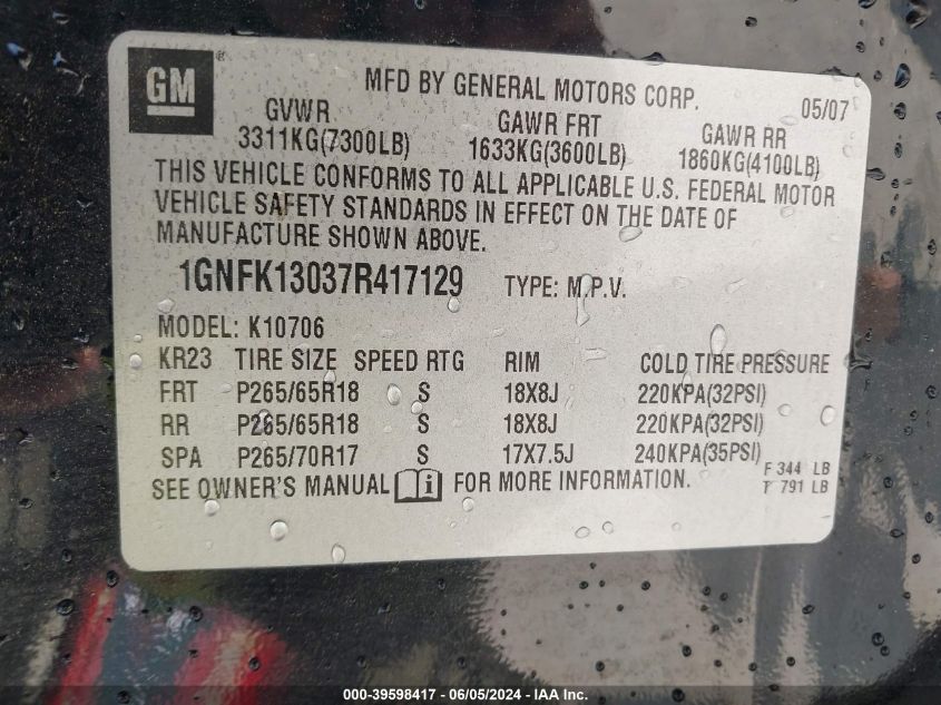 2007 Chevrolet Tahoe Lt VIN: 1GNFK13037R417129 Lot: 39598417