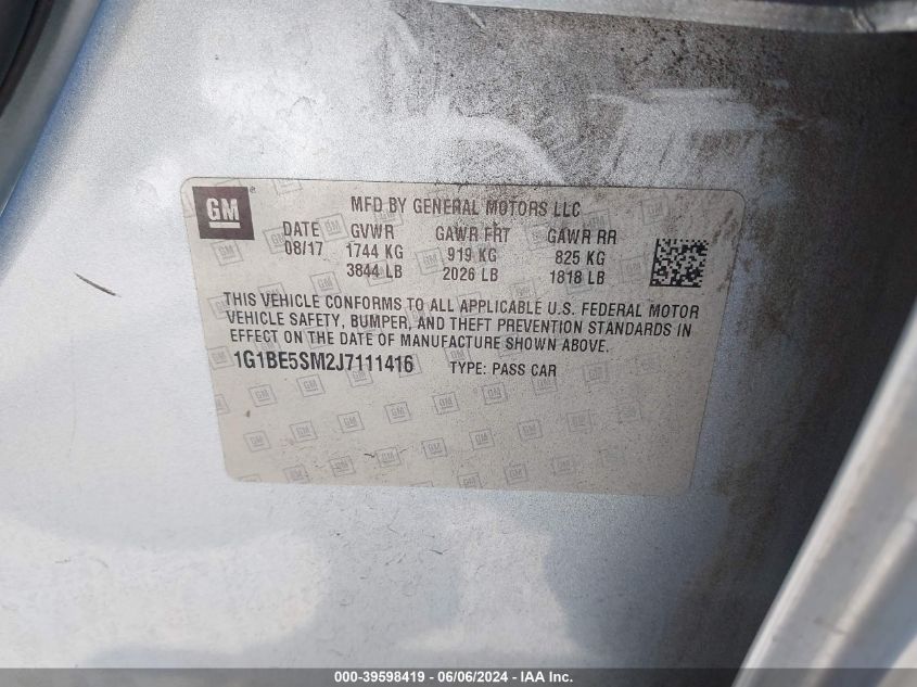 2018 Chevrolet Cruze Lt Auto VIN: 1G1BE5SM2J7111416 Lot: 39598419