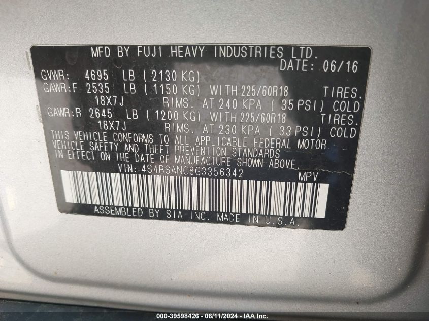 2016 Subaru Outback 2.5I Limited VIN: 4S4BSANC8G3356342 Lot: 39598426