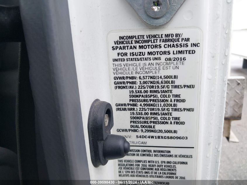 2016 Isuzu Npr Hd Gas Reg VIN: 54DC4W1BXGS809603 Lot: 39598430