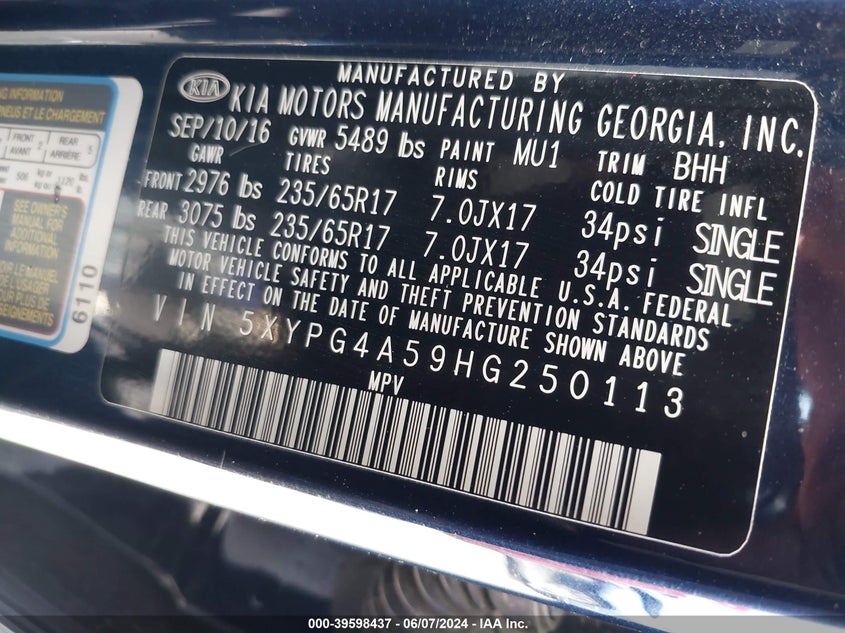 2017 Kia Sorento 3.3L Lx VIN: 5XYPG4A59HG250113 Lot: 39598437