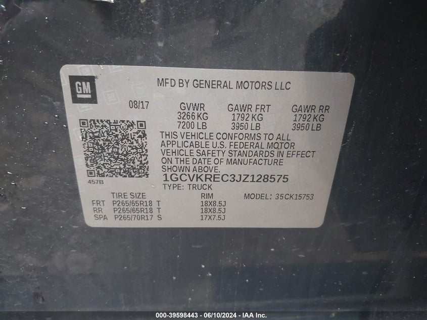 2018 Chevrolet Silverado 1500 2Lt VIN: 1GCVKREC3JZ128575 Lot: 39598443