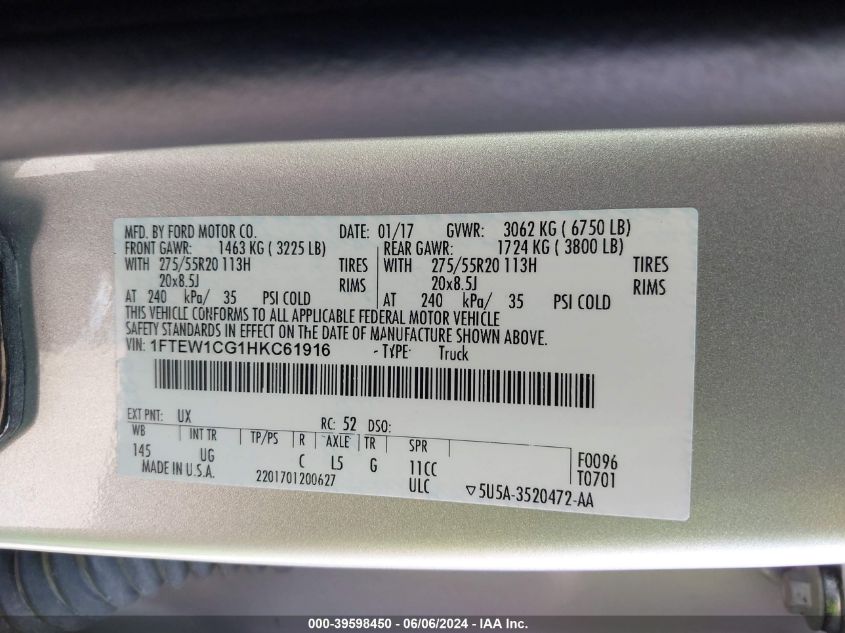 2017 Ford F-150 Xlt VIN: 1FTEW1CG1HKC61916 Lot: 39598450