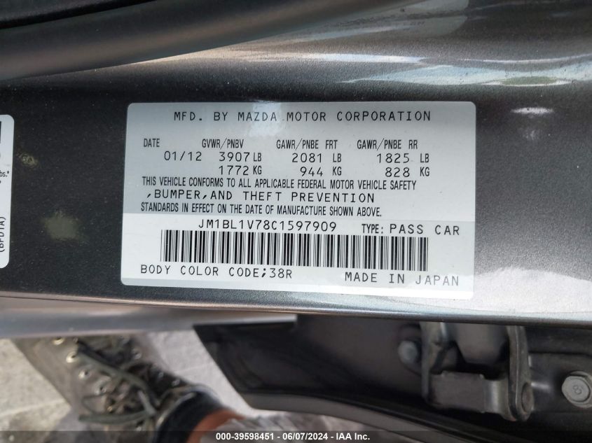 2012 Mazda Mazda3 I Touring VIN: JM1BL1V78C1597909 Lot: 39598451