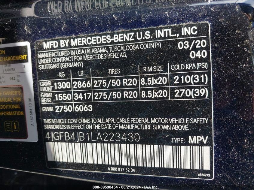 2020 Mercedes-Benz Gle 350 VIN: 4JGFB4JB1LA223430 Lot: 39598454