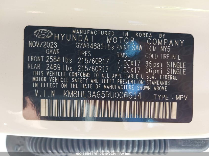 2024 Hyundai Kona Electric Limited VIN: KM8HE3A65RU006614 Lot: 39598475