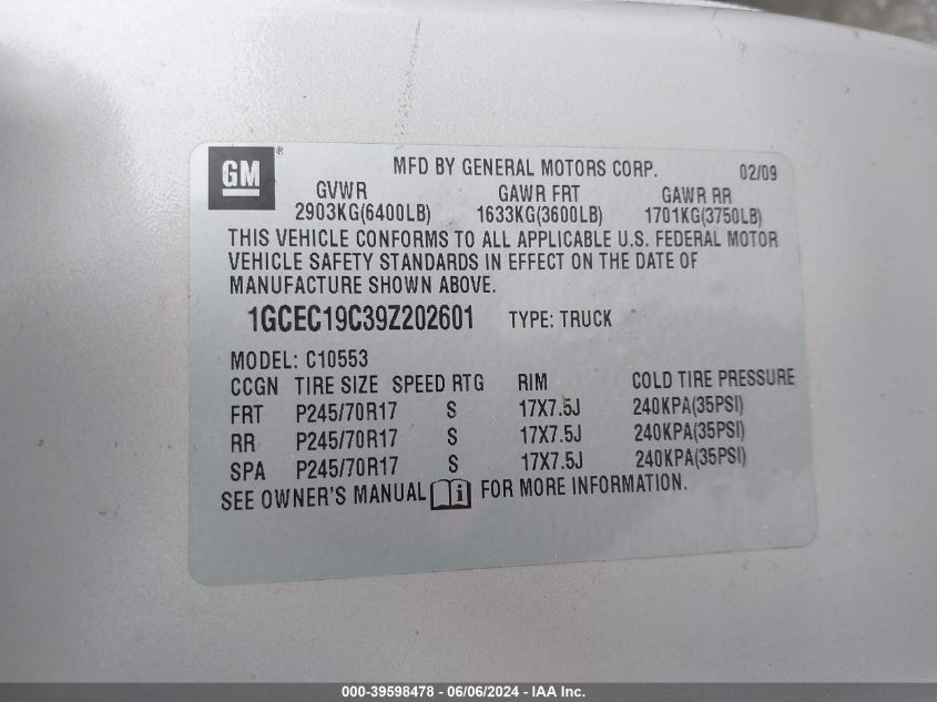2009 Chevrolet Silverado 1500 Work Truck VIN: 1GCEC19C39Z202601 Lot: 39598478