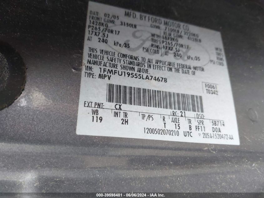 2005 Ford Expedition Limited VIN: 1FMFU19555LA74678 Lot: 39598481