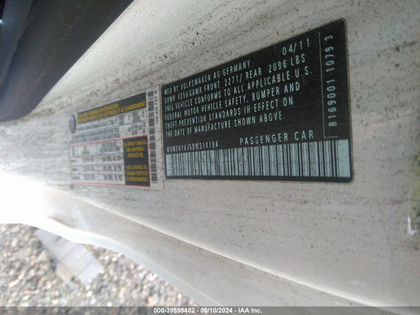 2011 Volkswagen Gti 2-Door VIN: WVWEV7AJ5BW314184 Lot: 39598482