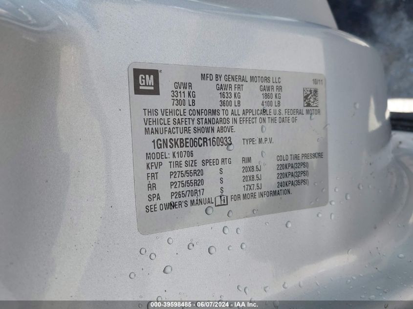 2012 Chevrolet Tahoe Lt VIN: 1GNSKBE06CR160933 Lot: 39598485