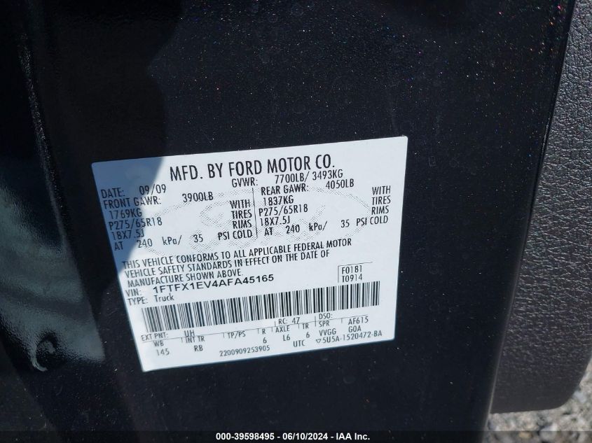 2010 Ford F-150 Fx4/Lariat/Xl/Xlt VIN: 1FTFX1EV4AFA45165 Lot: 39598495