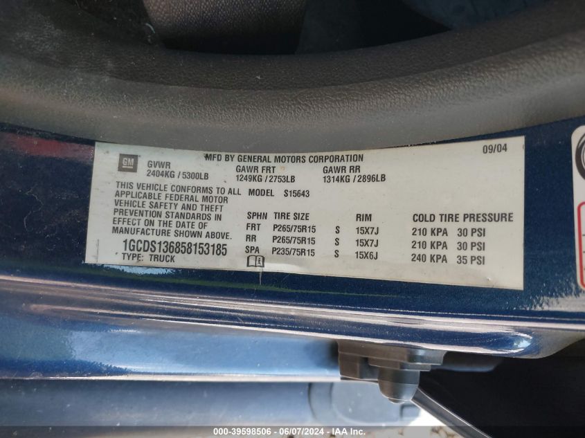 2005 Chevrolet Colorado Ls VIN: 1GCDS136858153185 Lot: 39598506