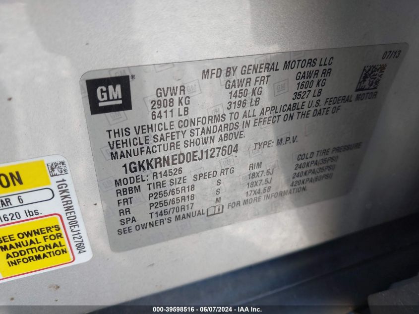 2014 GMC Acadia Sle-1 VIN: 1GKKRNED0EJ127604 Lot: 39598516