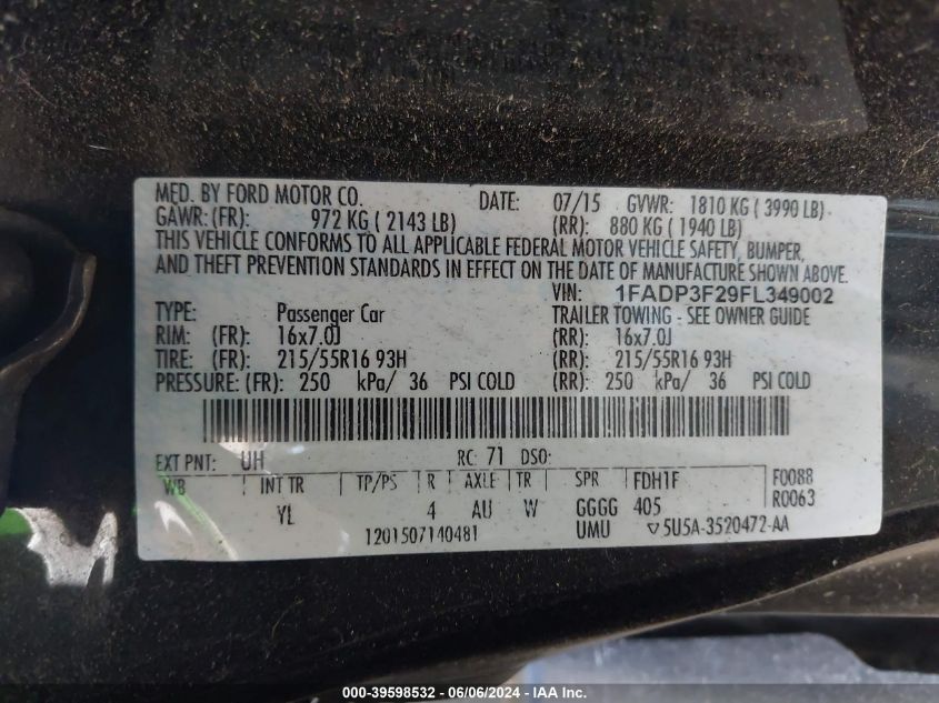 2015 Ford Focus Se VIN: 1FADP3F29FL349002 Lot: 39598532