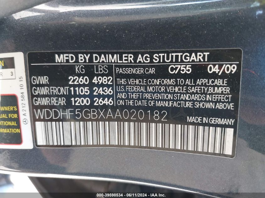 2010 Mercedes-Benz E 350 VIN: WDDHF5GBXAA020182 Lot: 39598534