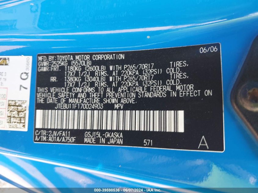 2007 Toyota Fj Cruiser VIN: JTEBU11F170024903 Lot: 39598536